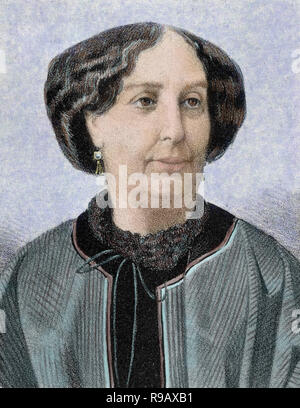 Sand, George, pseudonyme d'Aurore Dupin (Paris, 1804 - Nohant, 1876). Romancier français. Gravure en couleur. Banque D'Images