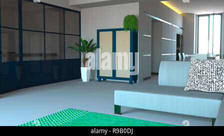 Mur en verre bleu, en verre et fer à repasser, salle de séjour, salon et cuisine. Design intérieur moderne. Le rendu 3D Banque D'Images