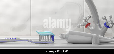 Les soins dentaires, l'hygiène. Dentifrice sur une brosse à dents et dentifrice vide tube sur fond blanc, bannière, 3d illustration Banque D'Images