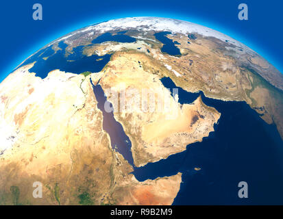 Carte Physique du monde, la vue satellite du Moyen-Orient. L'Afrique, l'Asie. Monde entier. Hémisphère. Reliefs et des océans. Le rendu 3D Banque D'Images