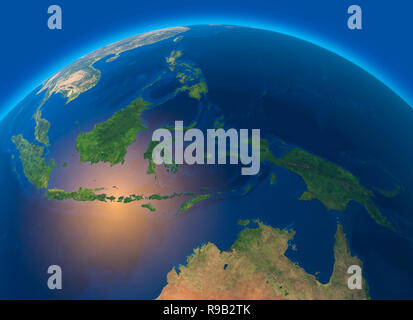Carte Physique du monde, la vue satellite de l'Asie du Sud-Est, l'Indonésie. Monde entier. Hémisphère. Reliefs et des océans. Le rendu 3D Banque D'Images