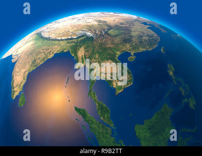 Carte Physique du monde, la vue satellite de l'Asie du Sud. Monde entier. Hémisphère. Reliefs et des océans. Le rendu 3D Banque D'Images