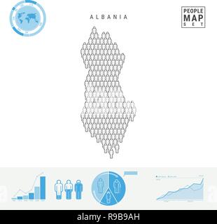 L'Albanie Personnes Carte des Icônes. Les gens foule dans la forme d'une carte de l'Albanie. Silhouette stylisée de l'Albanie. La croissance de la population et au vieillissement Infographie Elemen Illustration de Vecteur