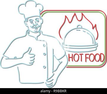 Illustration montrant un style rétro des années 90 en néon light signalisation Éclairage d'un chef, cuisinier ou baker avec Thumbs up à côté de lave sur le feu ou d'incendie avec s Illustration de Vecteur