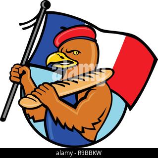 Cartoon style illustration d'un Aigle français tenant un drapeau de la France et l'ensemble de pain baguette à l'intérieur du cercle de fond isolé. Illustration de Vecteur