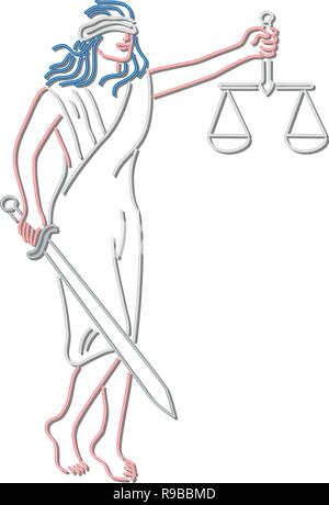 Illustration montrant un style rétro des années 90 en néon light signalisation Éclairage d'une dame de la Justice aux yeux bandés tenant une épée et des balances ou solde Illustration de Vecteur