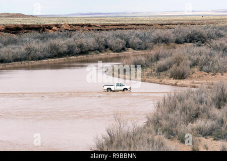 La conduite de camions Via Flash Flood. Route inondée en Arizona Banque D'Images