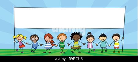 Groupe d'enfants holding blank banner, kids holding hands illustration Banque D'Images