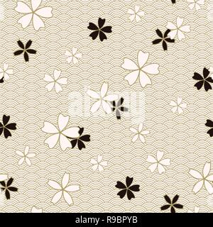 Sakura classique japonais Motif floral Seamless Vector en noir et beige. Kimono traditionnel asiatique, motif de fête avec des fleurs de printemps en fleurs, effet coup d'or Illustration de Vecteur