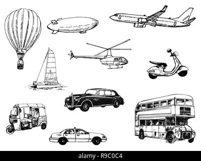 Ensemble de croquis dessinés à la main, différents types de transport style isolé sur fond blanc. Vector illustration. Illustration de Vecteur