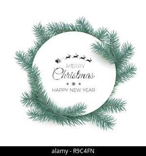 Joyeux Noël et Bonne Année carte de vœux. White label ronde avec des branches de sapin. Vector illustration Illustration de Vecteur