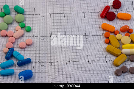 Médicaments sous forme de comprimés de couleurs et de tailles différentes sur un électrocardiogramme. Banque D'Images