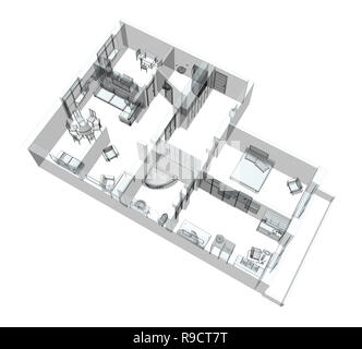 Croquis 3d d'un quatre-pièces. Isolé sur fond blanc Banque D'Images