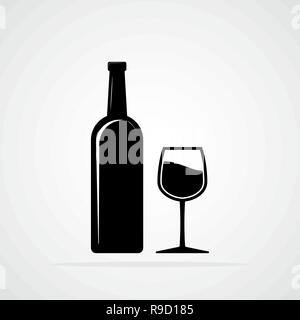 Silhouette d'une bouteille et un verre de vin. Vector illustration. Flacon en verre noir et d'alcool Illustration de Vecteur