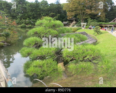 Photo Le Jardin Korakuen à Okayama, l'un des trois grands jardins du Japon ; les visiteurs à pied le long d'une promenade panoramique en admirant le nuage d'eau et arbres Banque D'Images