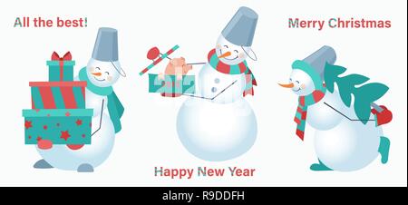 Set de bonhommes sur un fond blanc. Bonhomme de neige avec cadeaux, de porcs et de sapin. Bonne Année. Joyeux Noël Illustration de Vecteur
