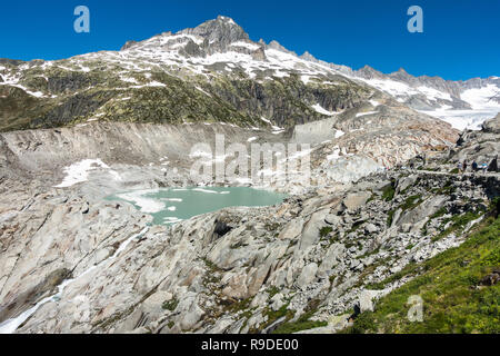 Paysage du glacier du Rhône, qui est considérablement reculé au cours des deux derniers siècles, en raison du changement climatique, Valais, Suisse Banque D'Images