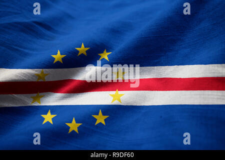 Gros plan du drapeau Cap Vert ébouriffé, Cap-Vert Flag Blowing in Wind Banque D'Images