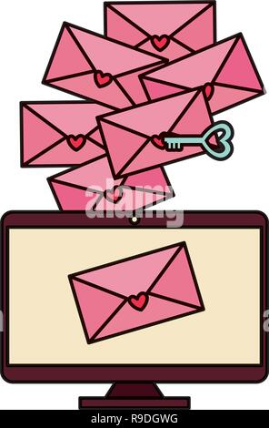 Enveloppes avec cœur et l'ordinateur à clé Illustration de Vecteur