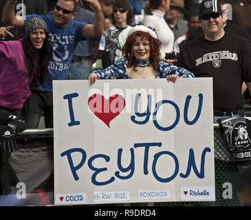 Oakland, Californie, USA. 26 déc, 2010. Colts fans montrent jusqu'à montrer leur amour pour Indianapolis Colts quarterback Peyton Manning # 18 le dimanche, Décembre 26, 2010, au Oakland-Alameda County Coliseum, Oakland, Californie. Les Colts défait les Raiders 31-26. Crédit : Al Golub/ZUMA/Alamy Fil Live News Banque D'Images