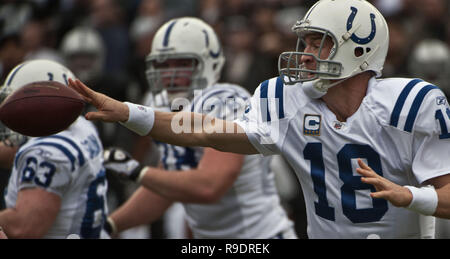 Oakland, Californie, USA. 26 déc, 2010. Indianapolis Colts quarterback Peyton Manning # 18 pelle faire passer le dimanche, Décembre 26, 2010, au Oakland-Alameda County Coliseum, Oakland, Californie. Les Colts défait les Raiders 31-26. Crédit : Al Golub/ZUMA/Alamy Fil Live News Banque D'Images