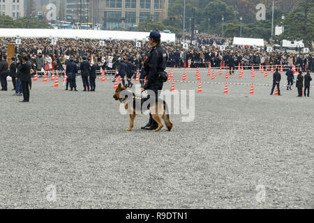 Tokyo, Japon. Dec 23, 2018. Patrouille de police à l'extérieur du palais impérial de l'empereur Akihito au cours de 85e anniversaire. Les gens se rassemblent pour célébrer l'anniversaire de l'empereur Akihito au palais impérial, sa dernière dans ses 30 années de règne. Akihito est situé à abdiquer le 30 avril prochain, pour être remplacé par son fils aîné, le Prince héritier Naruhito, le 1 mai. Credit : Rodrigo Reyes Marin/ZUMA/Alamy Fil Live News Banque D'Images