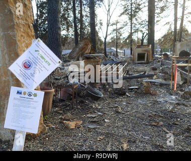 Paradis, USA. Dec 19, 2018. Des signes indiquent que l'autorité de l'environnement substances dangereuses pour la santé ou l'environnement ont été éliminés à ce site. Six semaines après la flamme inferno, l'état d'urgence prévaut encore. (Dpa 'traverse, cendres et de l'espoir - Paradise n'abandonne pas Feuerinferno' après du 23.12.2018) Crédit : Barbara Munker/dpa/Alamy Live News Banque D'Images