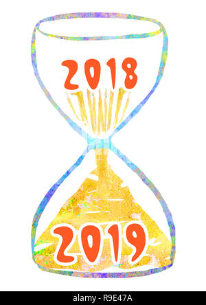 L'année 2018-2019 est l'horloge de sable. Illustration du Nouvel An. Banque D'Images