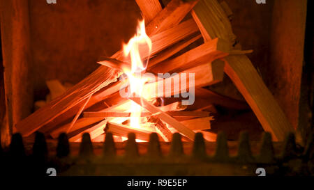 Flammes engloutissant dans cuisinière bois, près, bois, gravure, scène d'intérieur détail concept d'hiver, départ de feu Banque D'Images