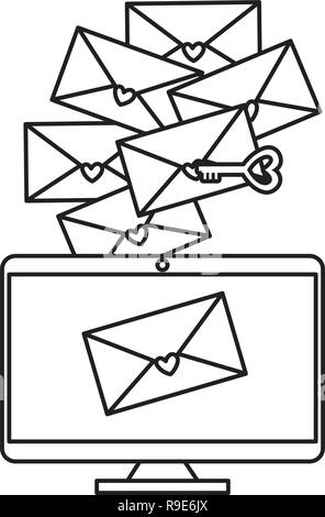 Enveloppes avec cœur et l'ordinateur à clé Illustration de Vecteur