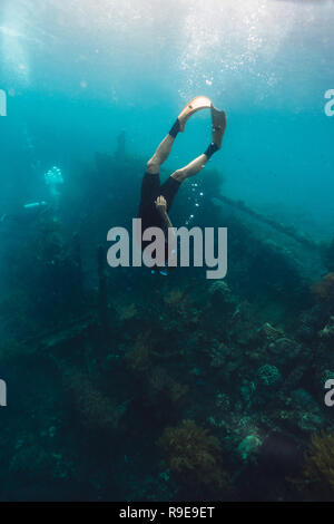 Piscine au fond de l'apnéiste récif de corail avec des poissons près de wreckship Banque D'Images