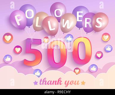 Merci 500 disciples bannière. Merci disciples félicitations carte. Vector illustration pour les réseaux sociaux. Utilisateur Web ou célèbre blogger tweets et un grand nombre d'abonnés. Illustration de Vecteur