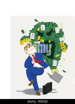 Hand drawn cartoon style vector illustration of a businessman peur d'un monstre vert argent représentant l'avidité, la spéculation, l'excès de stock, Illustration de Vecteur