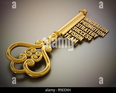 Vintage gold key avec les entreprises et le succès des mots associés. 3D illustration. Banque D'Images