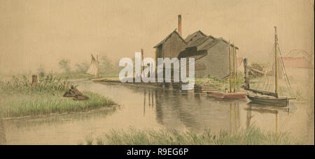 Meubles anciens c1890 peinture d'une structure en bois sur la rivière, avec des bateaux. Origine de l'image : probablement par un artiste californien. SOURCE : TABLEAU ORIGINAL Banque D'Images