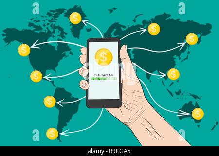 L'envoi d'argent avec un smartphone. Vector illustration. L'envoi d'argent, bannière conceptuelle. Illustration de Vecteur