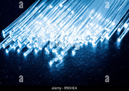 Faisceau de fibres optiques avec des lumières dans les extrémités. Fond bleu. Banque D'Images