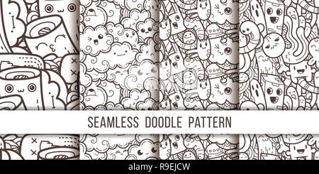 Collection de monstres doodle amusant motif transparente pour les estampes, dessins et livres à colorier. Vector illustration Illustration de Vecteur