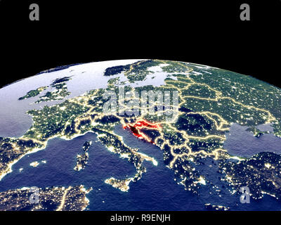La Croatie à partir de l'espace sur la planète Terre la nuit avec des lumières de la ville. Surface de la planète plastique détaillées avec de vraies montagnes. 3D illustration. Éléments de Banque D'Images