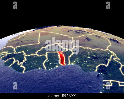 Le Togo à partir de l'espace sur la planète Terre la nuit avec des lumières de la ville. Surface de la planète plastique détaillées avec de vraies montagnes. 3D illustration. Éléments d'e Banque D'Images