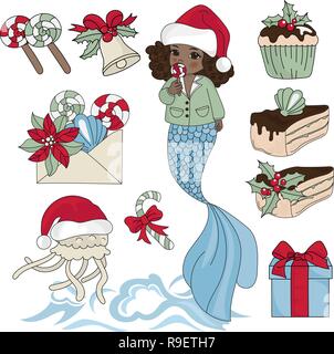 MERMAID NOIR couleur Nouvelle Année Ensemble d'illustration vectorielle pour anniversaire et fête, décorations murales, Livre de bébé, scrapbooking, albums photos et imprimer la carte Illustration de Vecteur