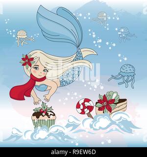 Nouvelle Année DOUCE SIRÈNE Illustration Vecteur de couleur définie pour anniversaire et fête, décorations murales, Livre de bébé, scrapbooking, albums photos et imprimer la carte Illustration de Vecteur