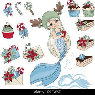 SWEET MERMAID SÉRIE Nouvelle Année Vecteur de couleur Illustration pour anniversaire et fête, décorations murales, Scrapbooking, livre pour bébé, albums photos et imprimer la carte Illustration de Vecteur