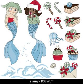 MERMAID YUMMY Nouvelle Année d'illustration vectorielle couleur définie pour anniversaire et fête, décorations murales, Livre de bébé, scrapbooking, albums photos et imprimer la carte Illustration de Vecteur