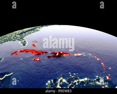 Caraïbes à partir de l'espace sur la planète Terre la nuit avec des lumières de la ville. Surface de la planète plastique détaillées avec de vraies montagnes. 3D illustration. Elements Banque D'Images