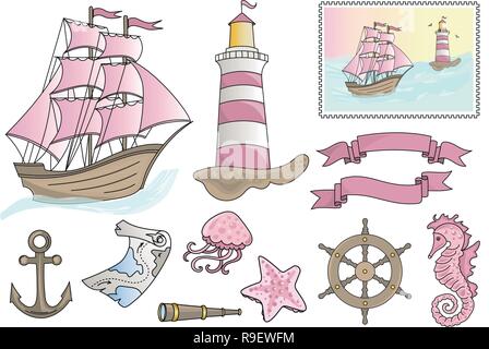 Cartoon Vector illustration couleur Clipart mer rose Set pour le Scrapbooking MER Babybook et de l'impression numérique sur Carte et Photo Albums pour enfants Illustration de Vecteur