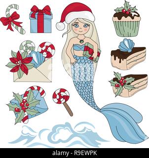 SWEET MERMAID CHRISTMAS New Year Illustration Vecteur de couleur définie pour anniversaire et fête, décorations murales, Scrapbooking, Livre de bébé, d'albums photos et de location Illustration de Vecteur