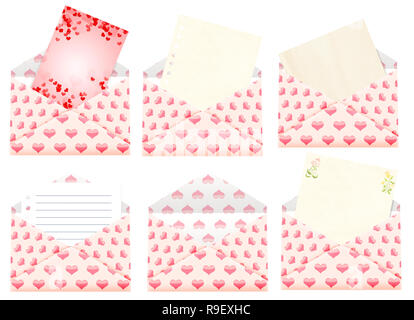 Message romantique. Six enveloppes avec cartes de la Saint-Valentin Banque D'Images