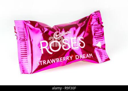 Rêve de fraise chocolat Cadbury's roses sur fond blanc Banque D'Images
