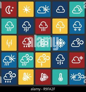 Météo icons set sur fond de carrés de couleur graphique et web design moderne, vecteur simple signe. Concept de l'Internet. Symbole à la mode pour nappes Illustration de Vecteur